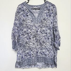 Sigrid Olsen 100% Linen Tunic Top Size L Blue Paisley VNeck Long Sleeve Nautical